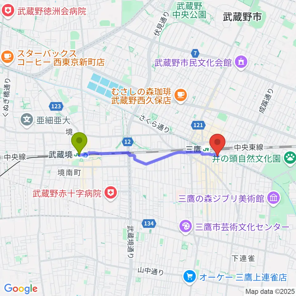 武蔵境駅からヤマノミュージックセンター三鷹へのルートマップ地図