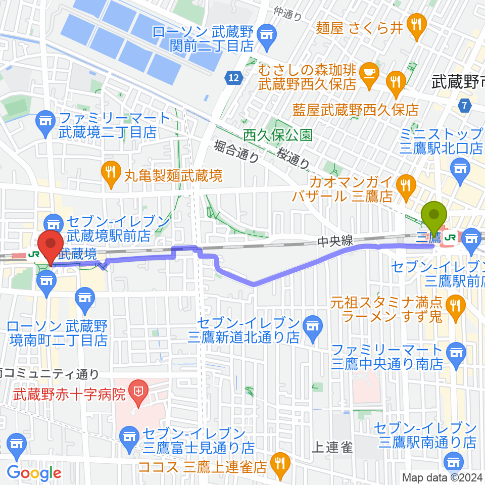 三鷹駅からヤマノミュージックセンター武蔵境へのルートマップ地図