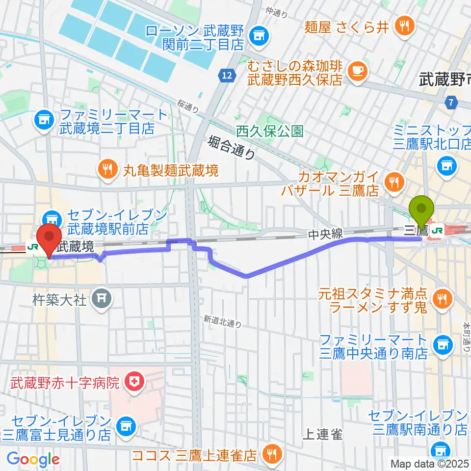 三鷹駅からヤマノミュージックセンター武蔵境へのルートマップ地図