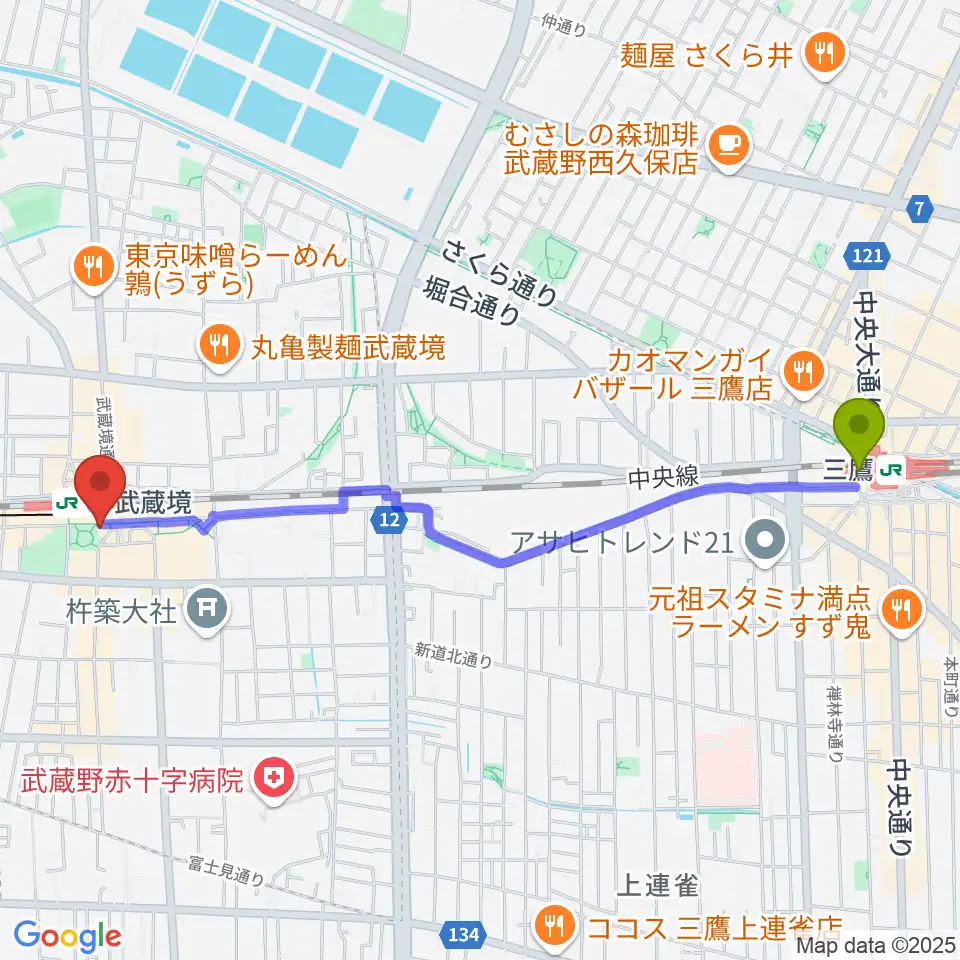 三鷹駅からヤマノミュージックセンター武蔵境へのルートマップ地図
