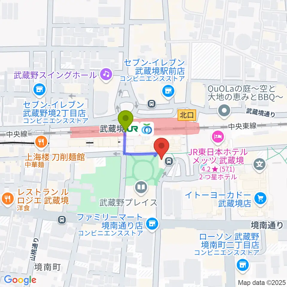 ヤマノミュージックセンター武蔵境の最寄駅武蔵境駅からの徒歩ルート（約1分）地図