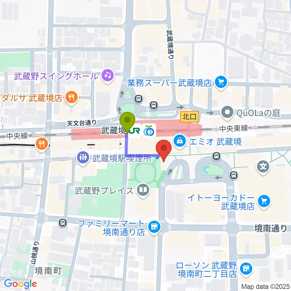 ヤマノミュージックセンター武蔵境の最寄駅武蔵境駅からの徒歩ルート（約1分）地図