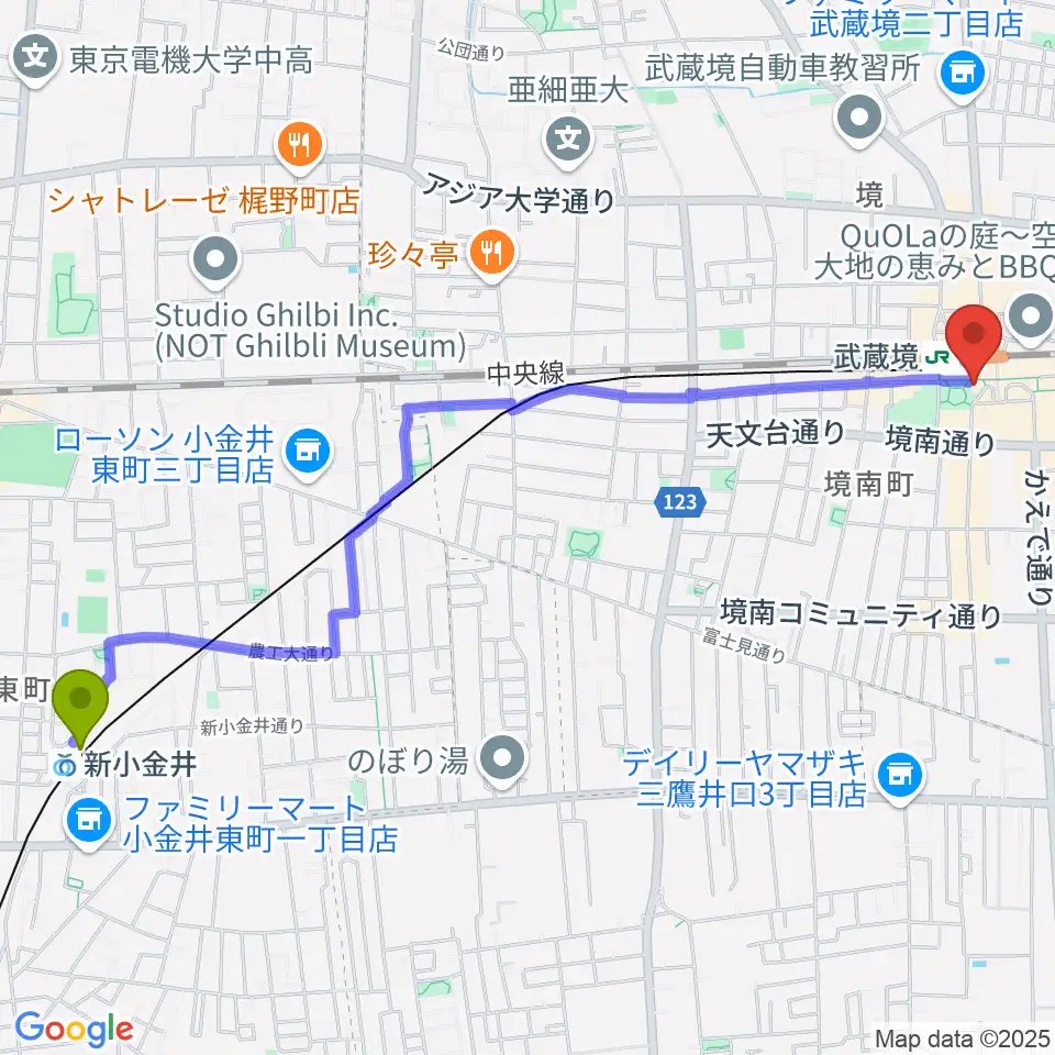 新小金井駅からヤマノミュージックセンター武蔵境へのルートマップ地図