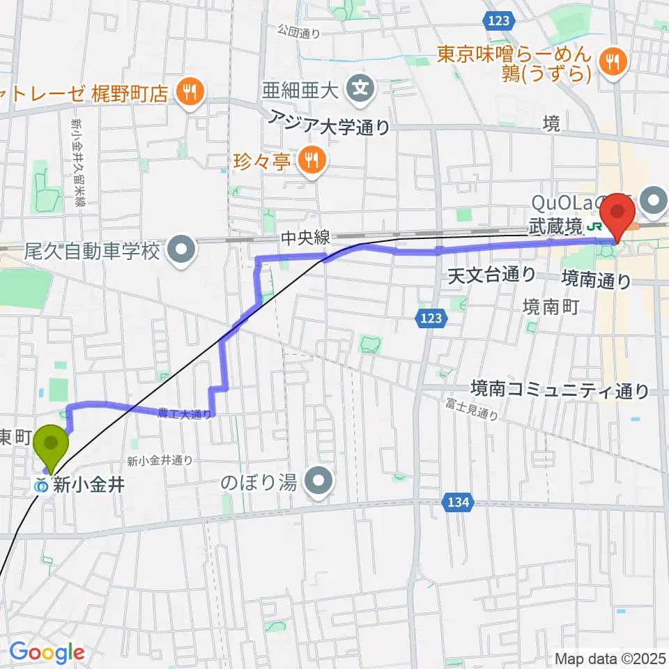 新小金井駅からヤマノミュージックセンター武蔵境へのルートマップ地図