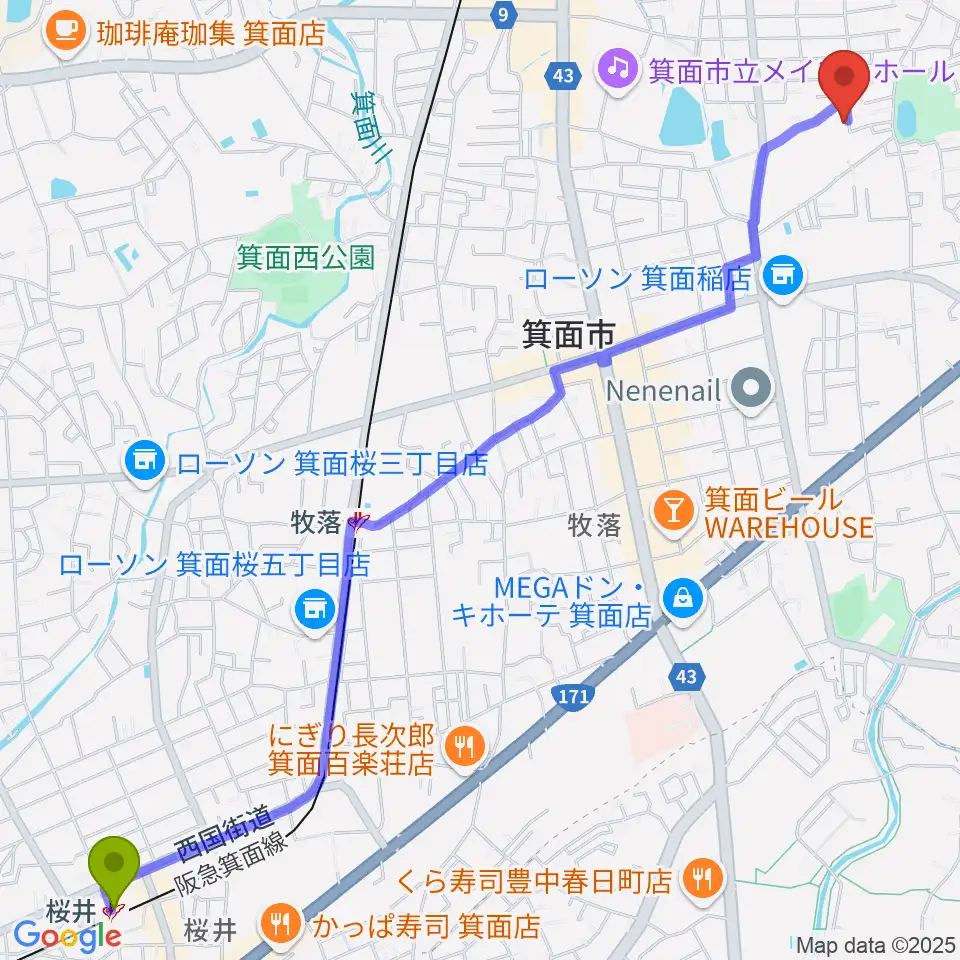 桜井駅からニーモック音楽教室へのルートマップ地図