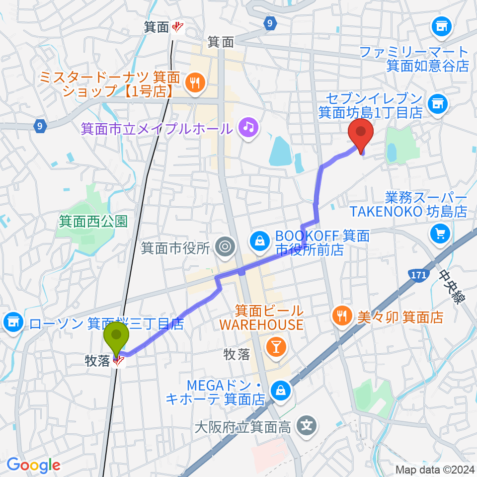 牧落駅からニーモック音楽教室へのルートマップ地図