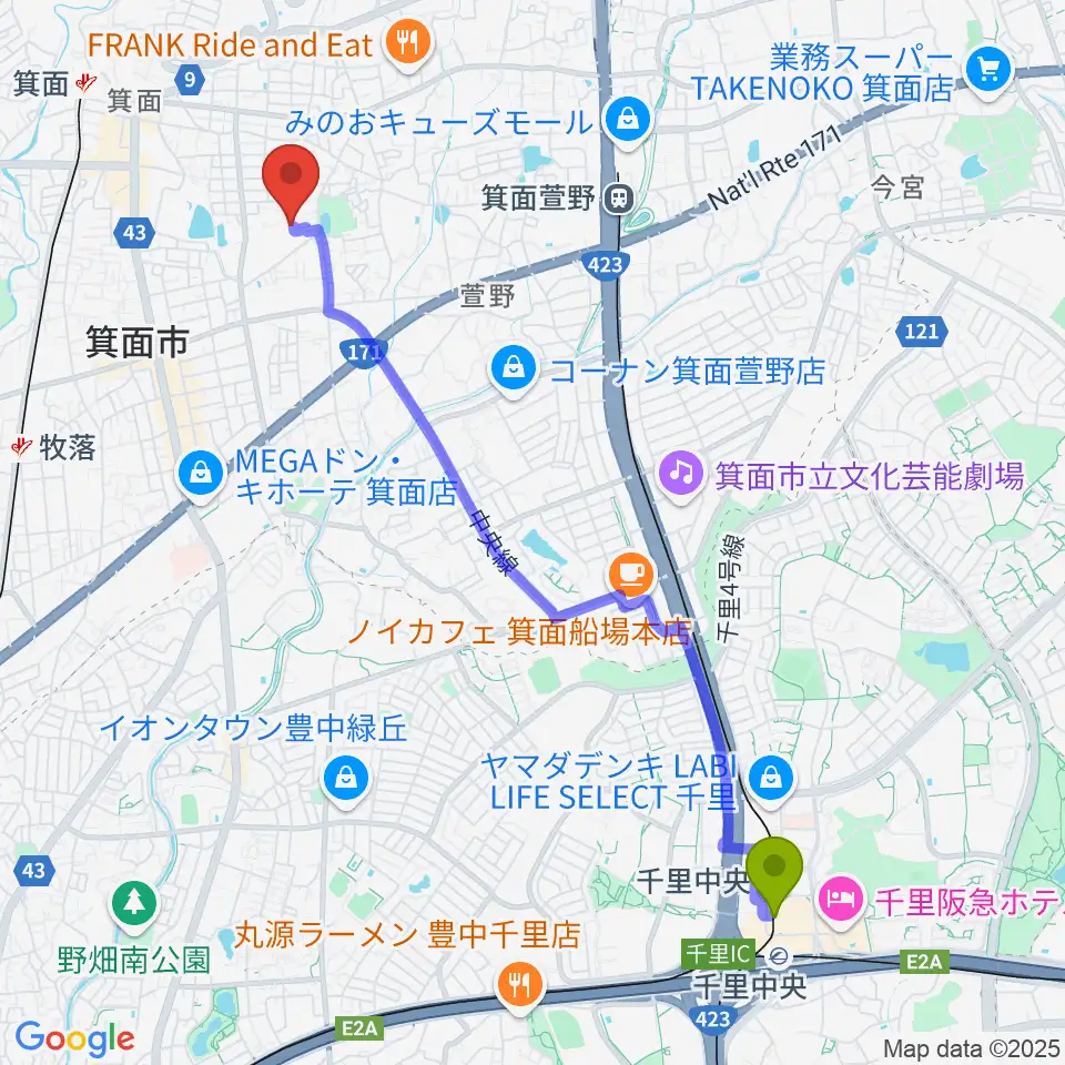 千里中央駅からニーモック音楽教室へのルートマップ地図