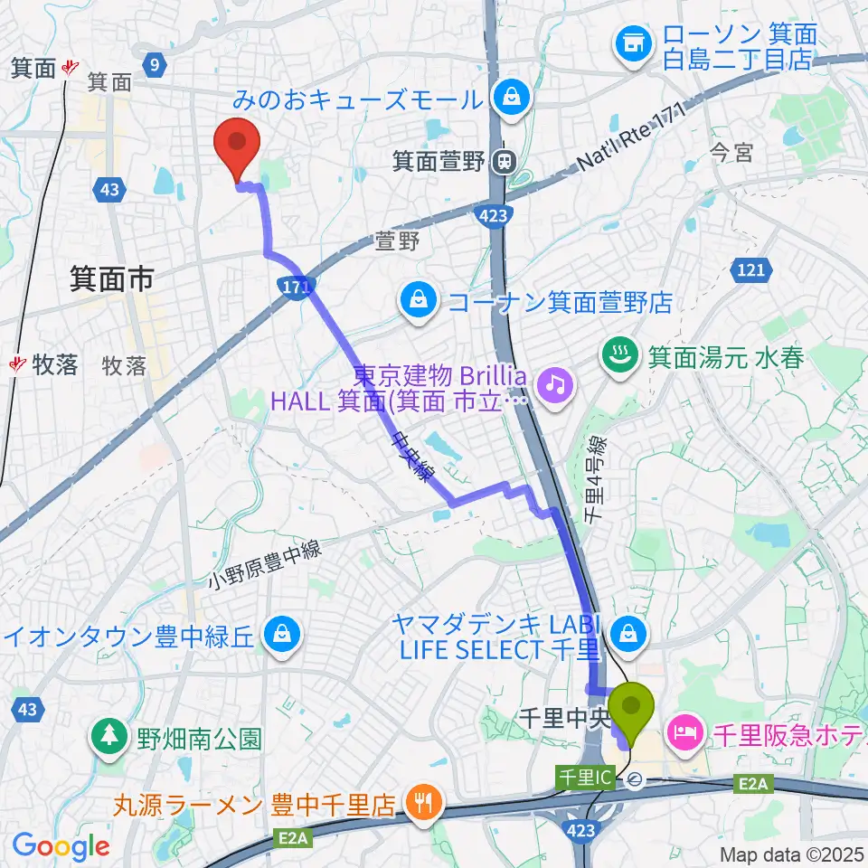 千里中央駅からニーモック音楽教室へのルートマップ地図