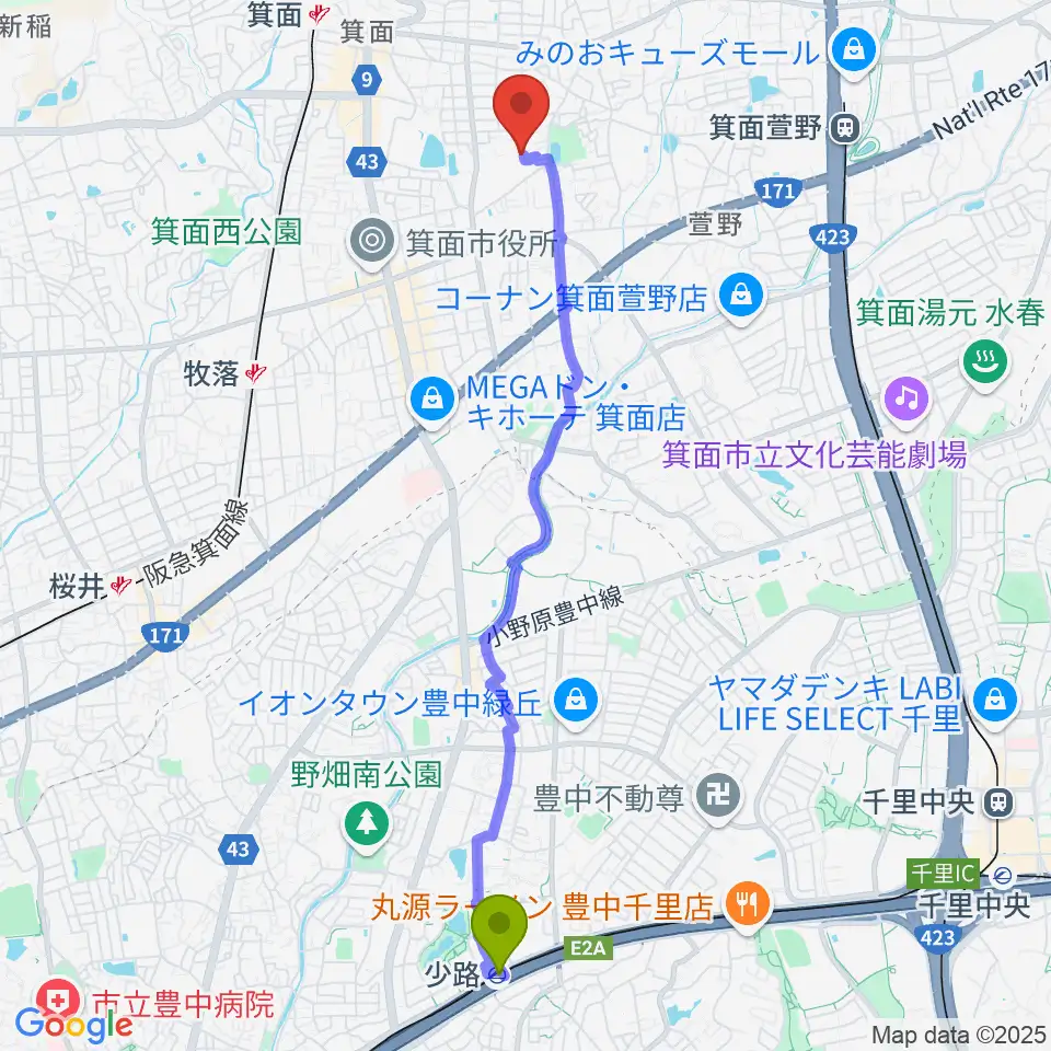 少路駅からニーモック音楽教室へのルートマップ地図