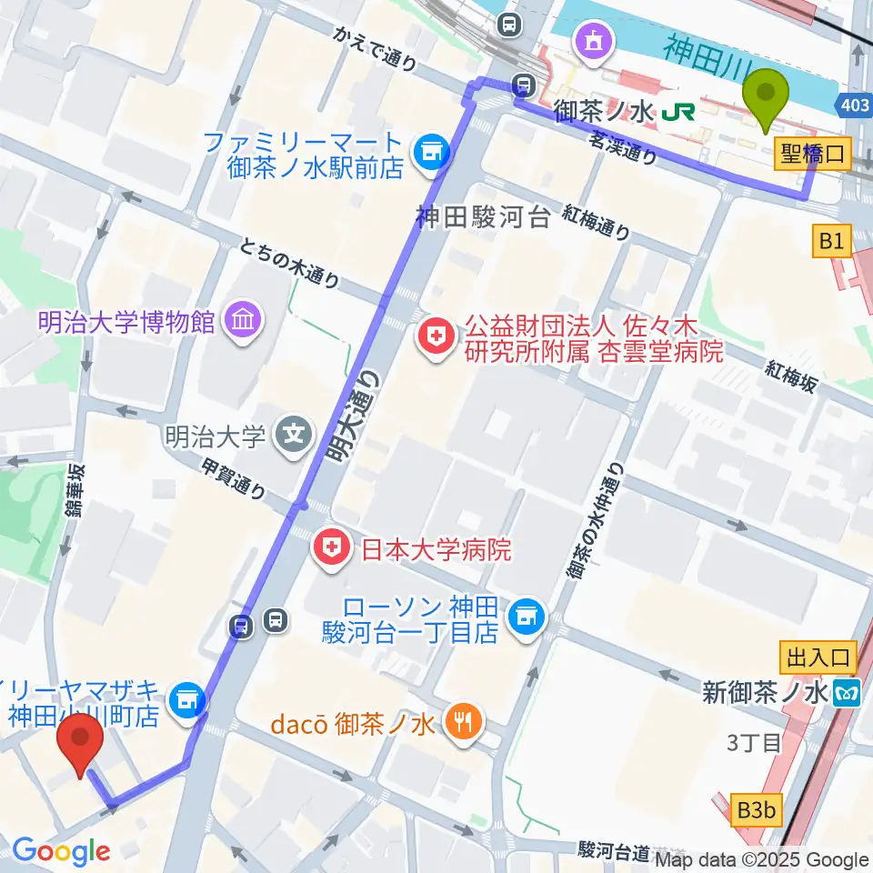 御茶ノ水駅から音楽教室ポレットへのルートマップ地図