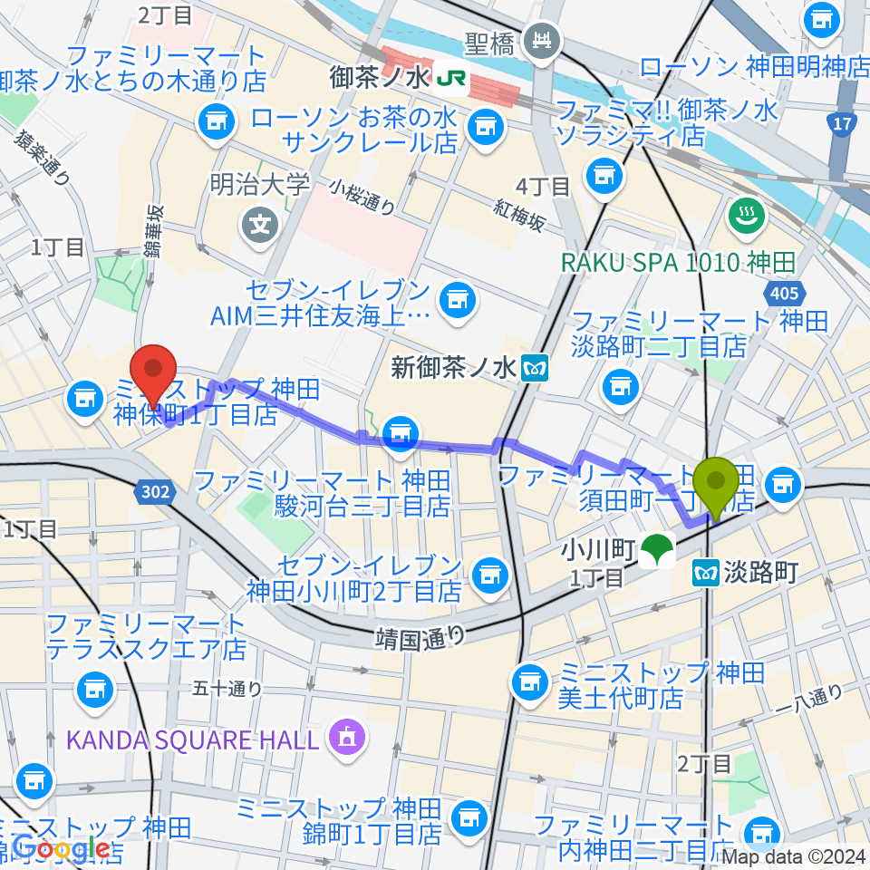 淡路町駅から音楽教室ポレットへのルートマップ地図