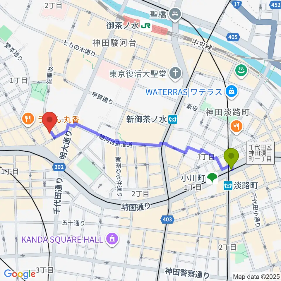 淡路町駅から音楽教室ポレットへのルートマップ地図