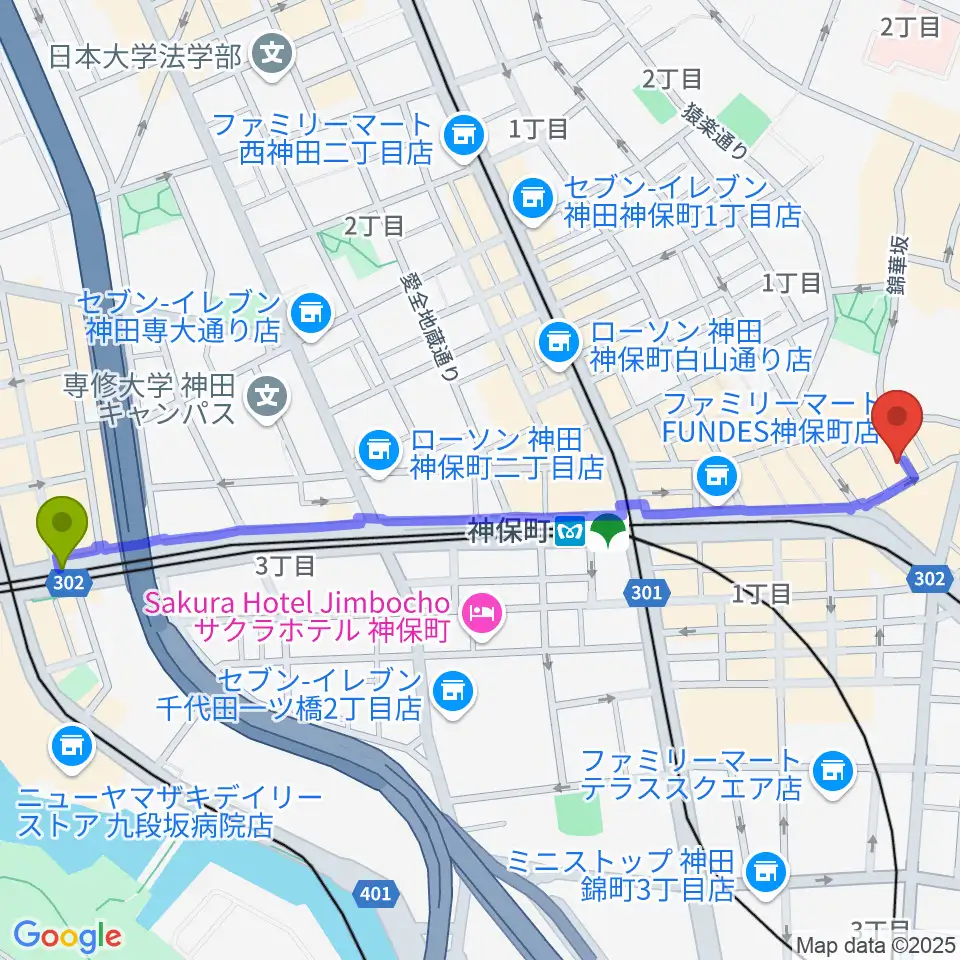 九段下駅から音楽教室ポレットへのルートマップ地図