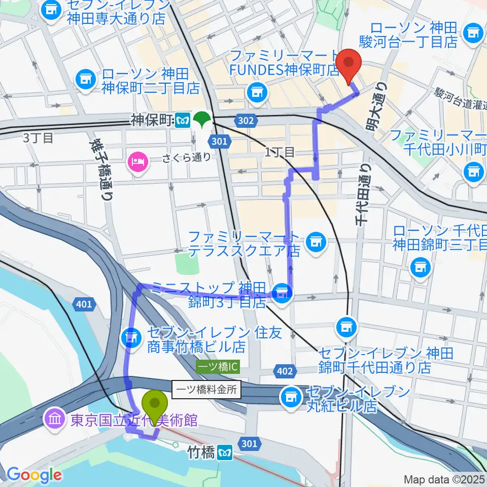 竹橋駅から音楽教室ポレットへのルートマップ地図