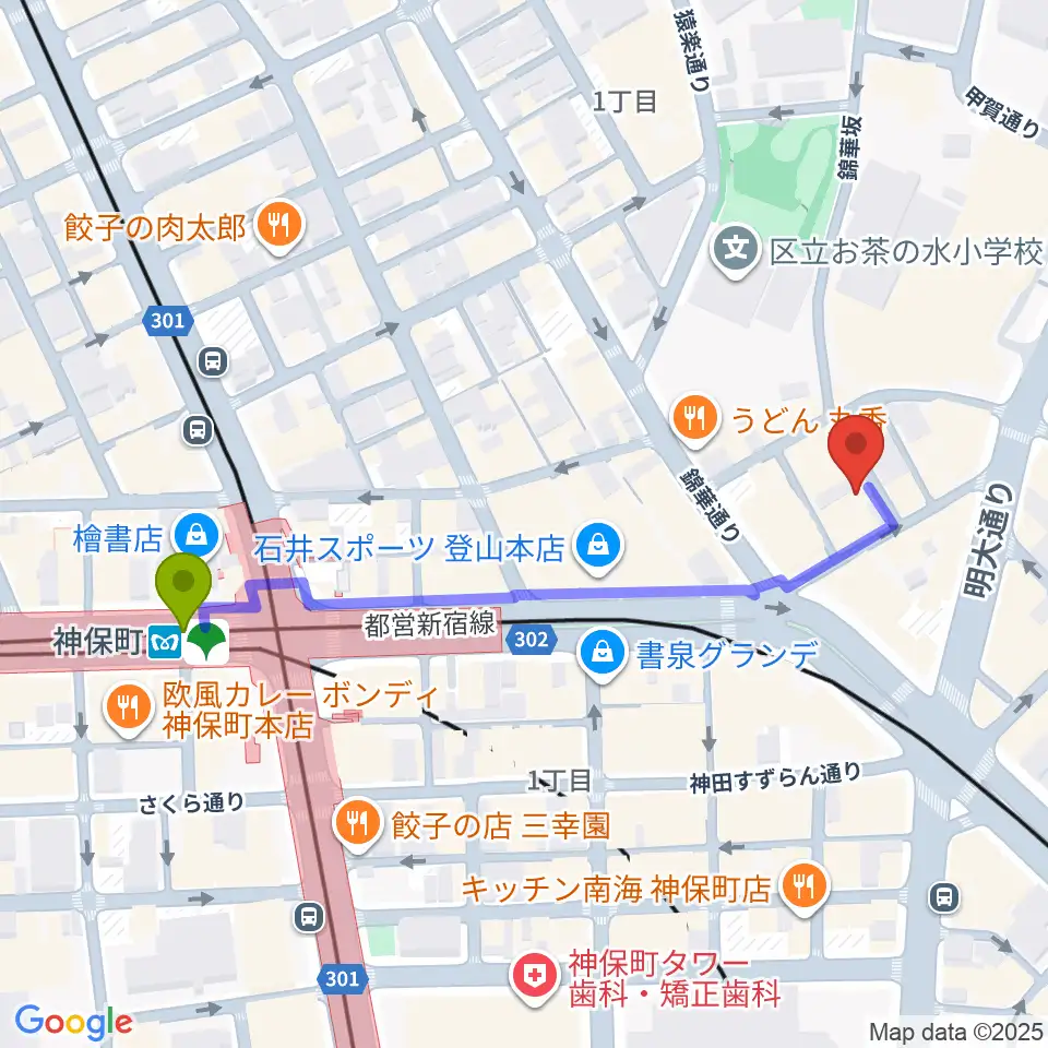 音楽教室ポレットの最寄駅神保町駅からの徒歩ルート（約5分）地図