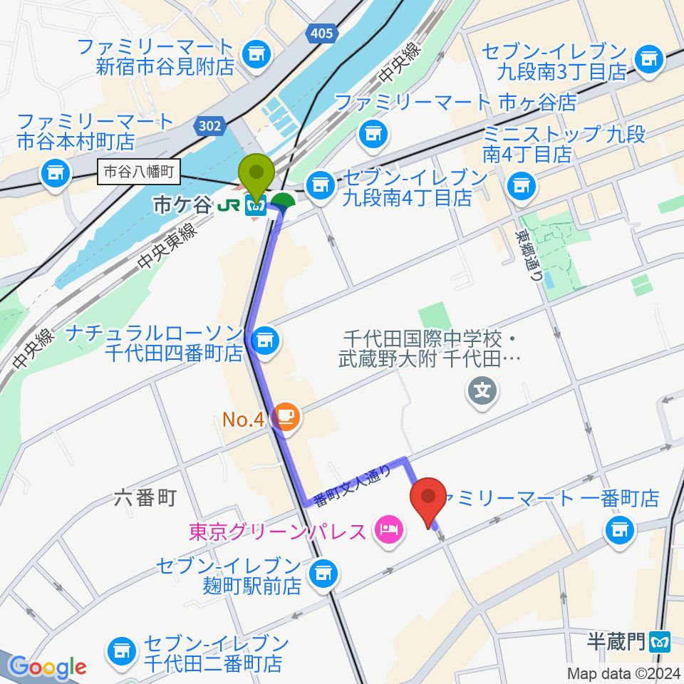 市ケ谷駅から青山ハープ 東京教室へのルートマップ地図