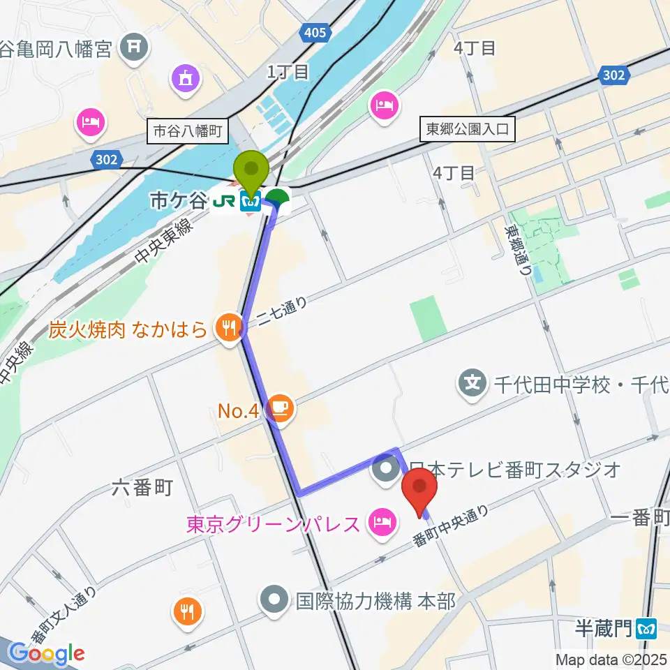 市ケ谷駅から青山ハープ 東京教室へのルートマップ地図