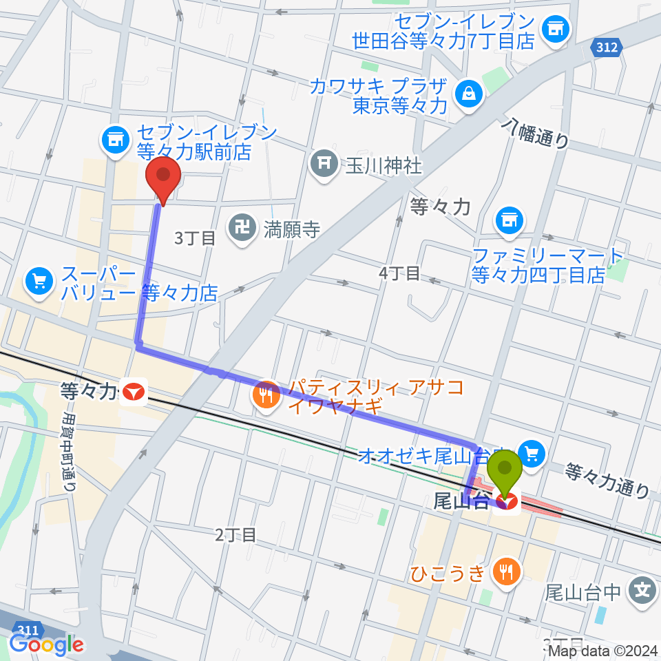 尾山台駅からエームズ・ギター教室へのルートマップ地図