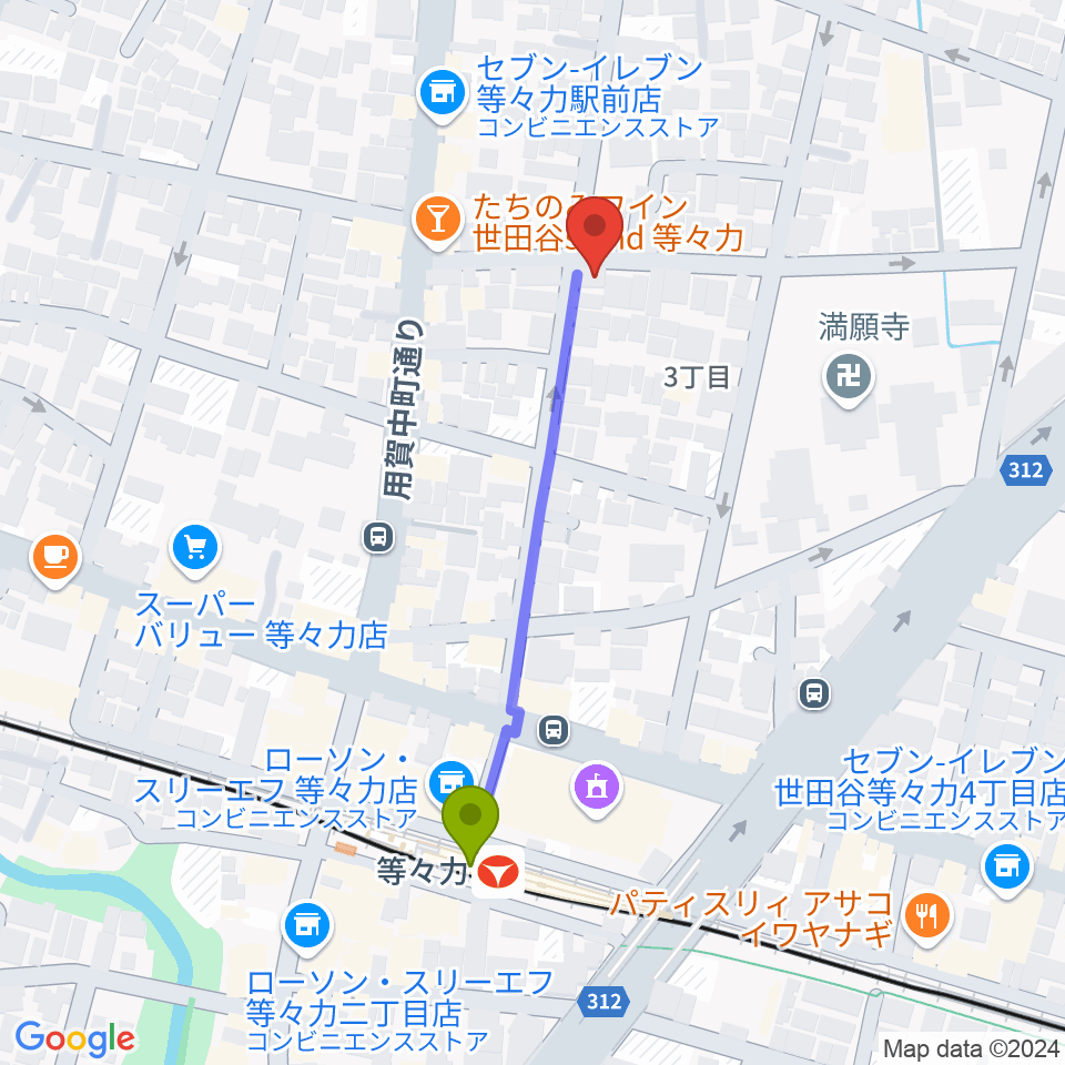 エームズ・ギター教室の最寄駅等々力駅からの徒歩ルート（約4分）地図