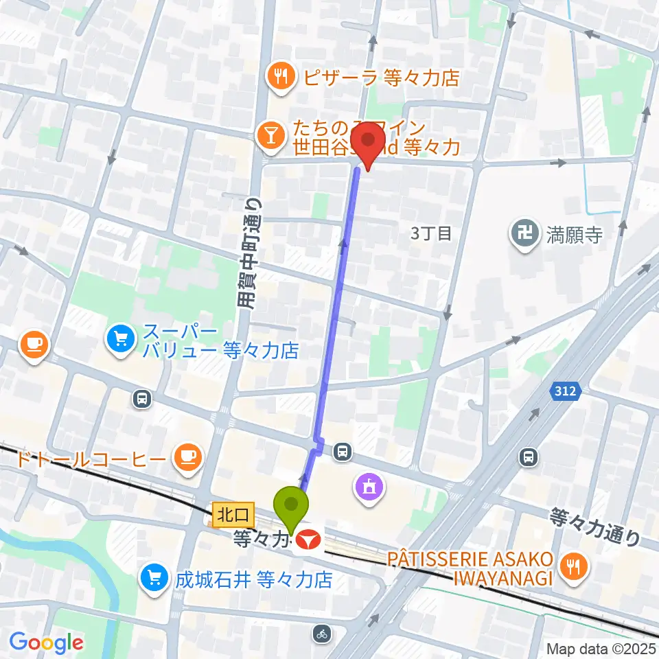 エームズ・ギター教室の最寄駅等々力駅からの徒歩ルート（約4分）地図