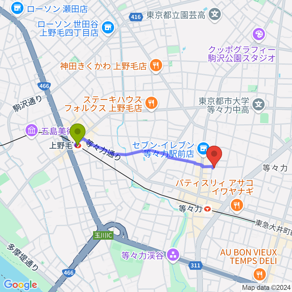 上野毛駅からエームズ・ギター教室へのルートマップ地図