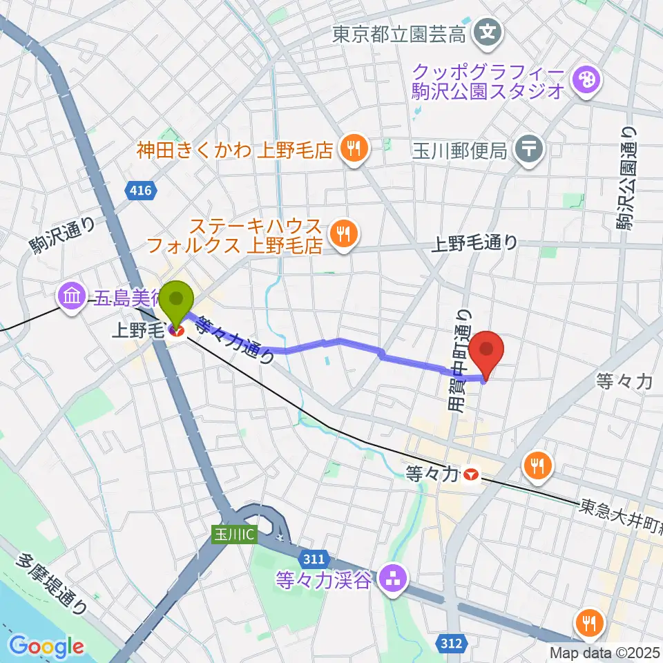 上野毛駅からエームズ・ギター教室へのルートマップ地図