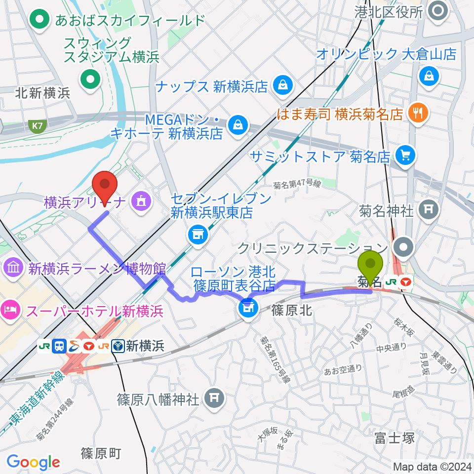 菊名駅から横浜デジタルアーツ専門学校へのルートマップ地図