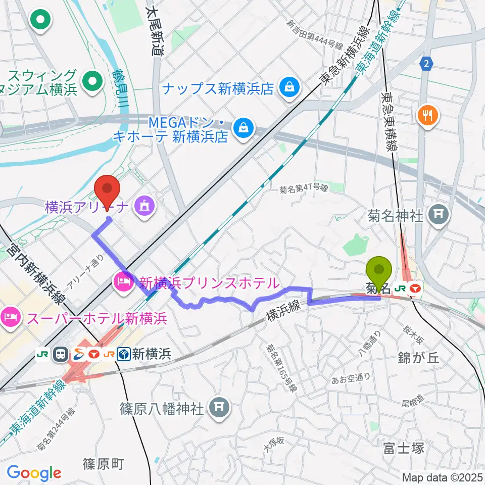 菊名駅から横浜デジタルアーツ専門学校へのルートマップ地図