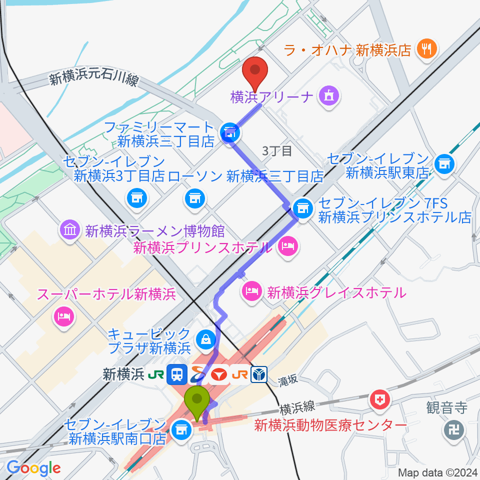 横浜デジタルアーツ専門学校の最寄駅新横浜駅からの徒歩ルート（約11分）地図