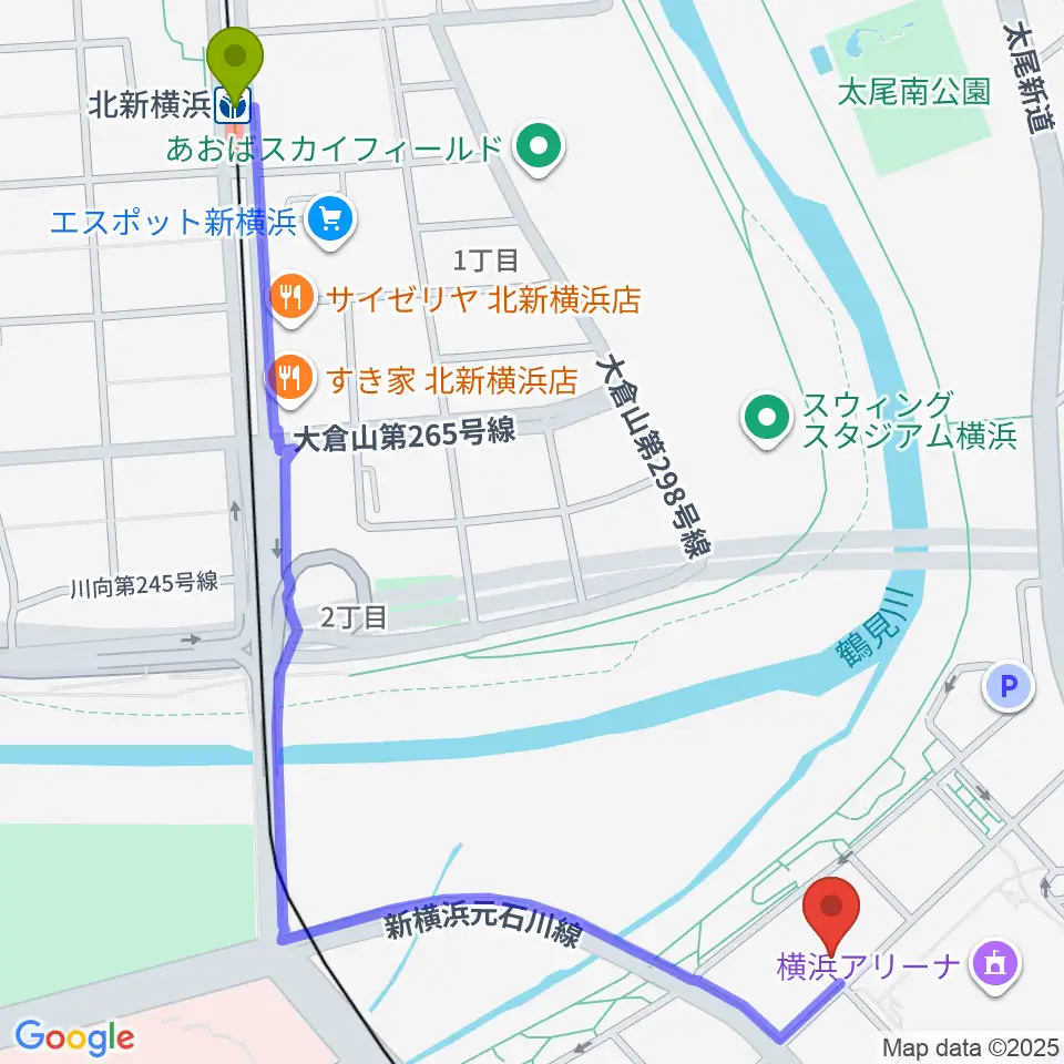 北新横浜駅から横浜デジタルアーツ専門学校へのルートマップ地図