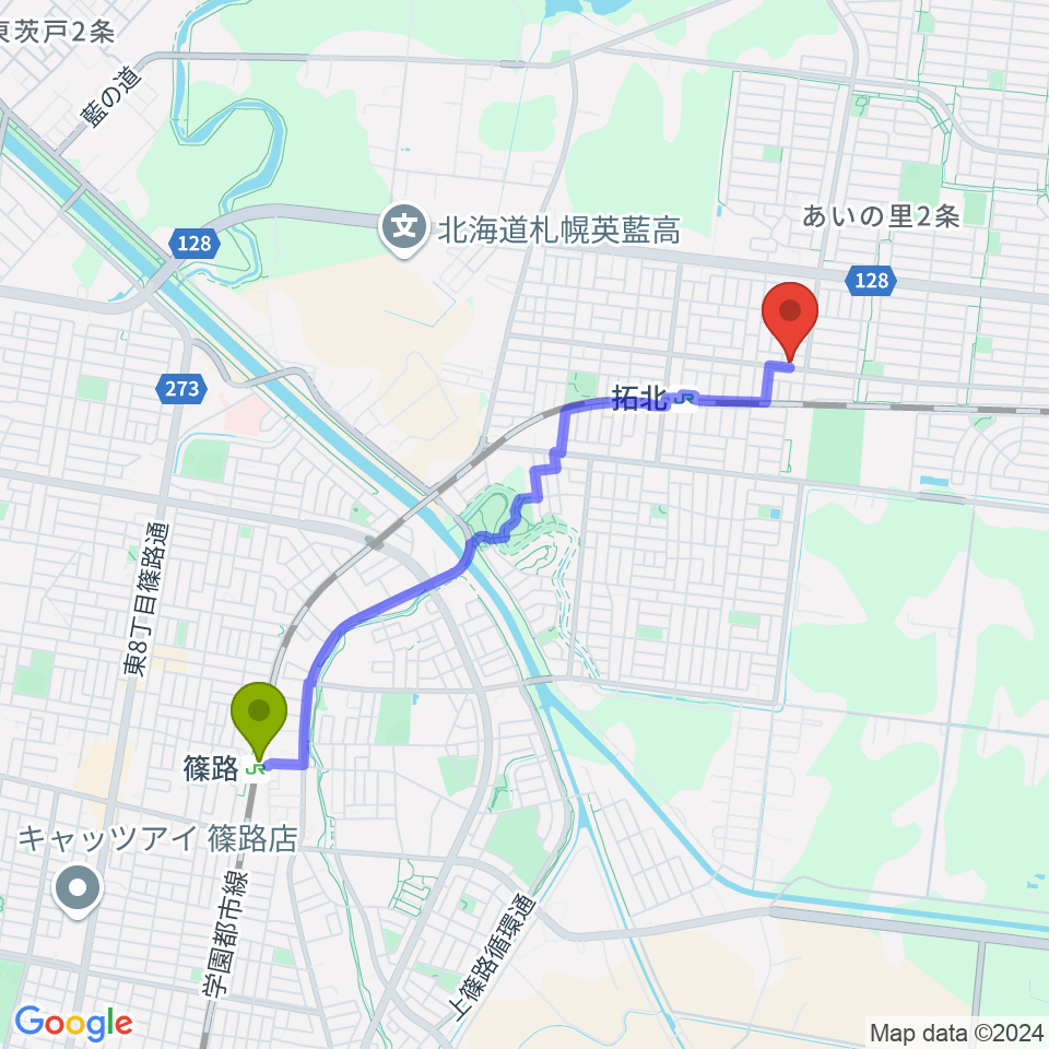 篠路駅から田中薫ギター教室へのルートマップ地図