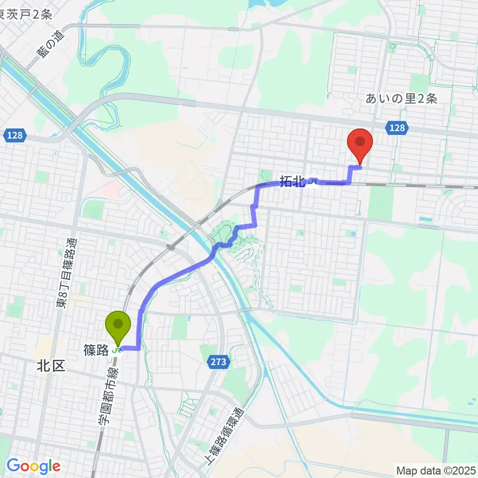 篠路駅から田中薫ギター教室へのルートマップ地図