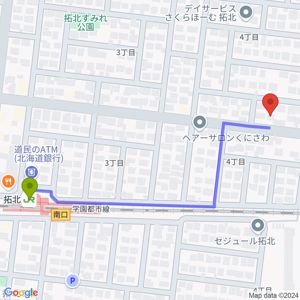 田中薫ギター教室の最寄駅拓北駅からの徒歩ルート（約6分）地図