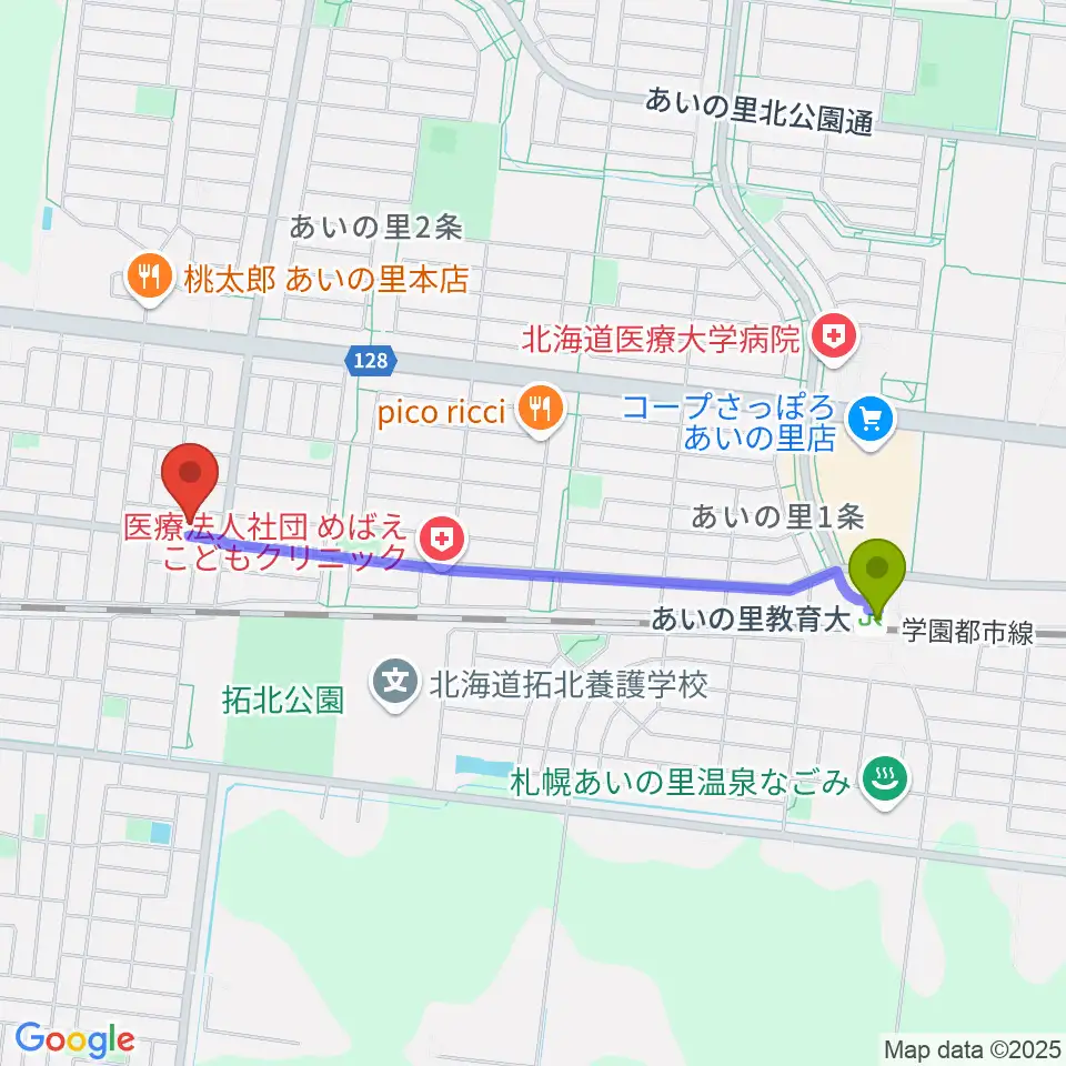 あいの里教育大駅から田中薫ギター教室へのルートマップ地図
