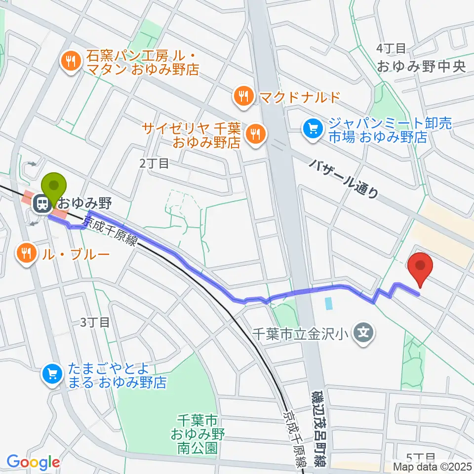 おゆみ野フルート教室の最寄駅おゆみ野駅からの徒歩ルート（約12分）地図