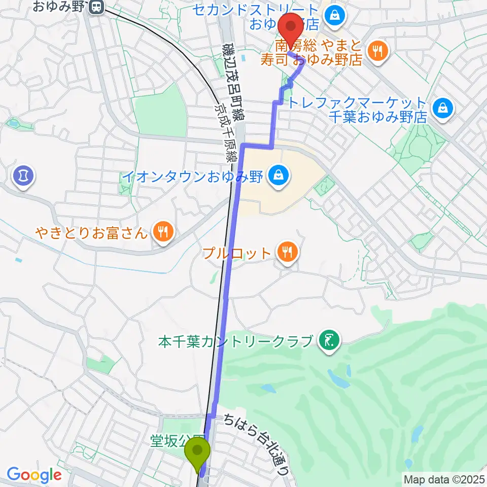 ちはら台駅からおゆみ野フルート教室へのルートマップ地図
