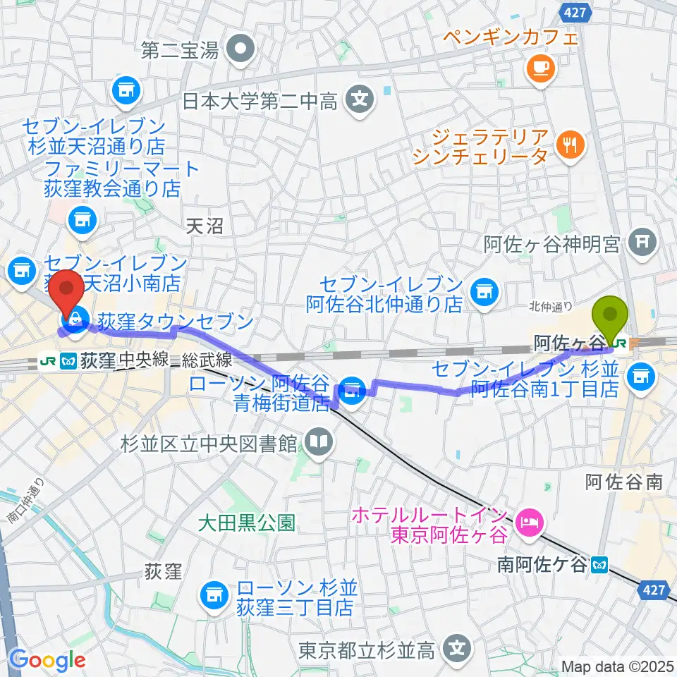 阿佐ケ谷駅から八重洲ピアノ社 荻窪本店センターへのルートマップ地図