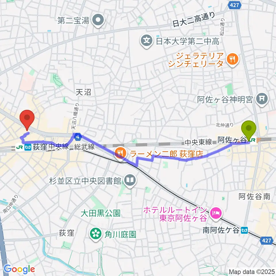 阿佐ケ谷駅から八重洲ピアノ社 荻窪本店センターへのルートマップ地図