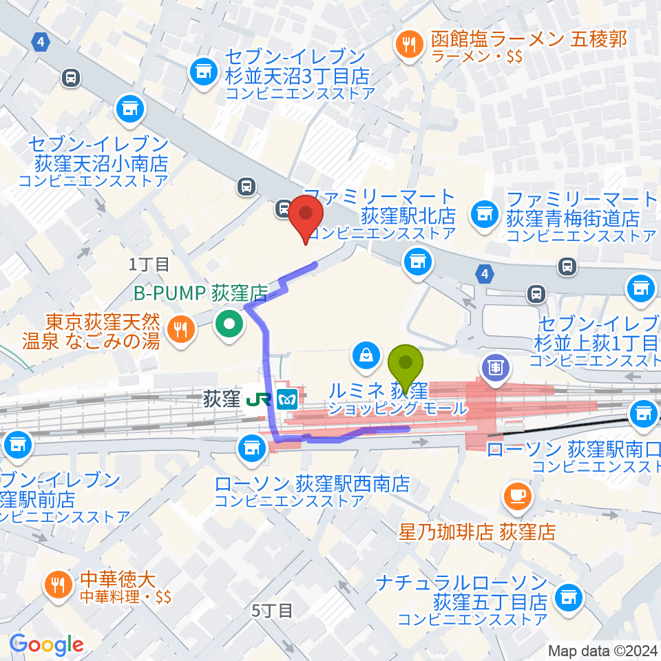 八重洲ピアノ社 荻窪本店センターの最寄駅荻窪駅からの徒歩ルート（約2分）地図