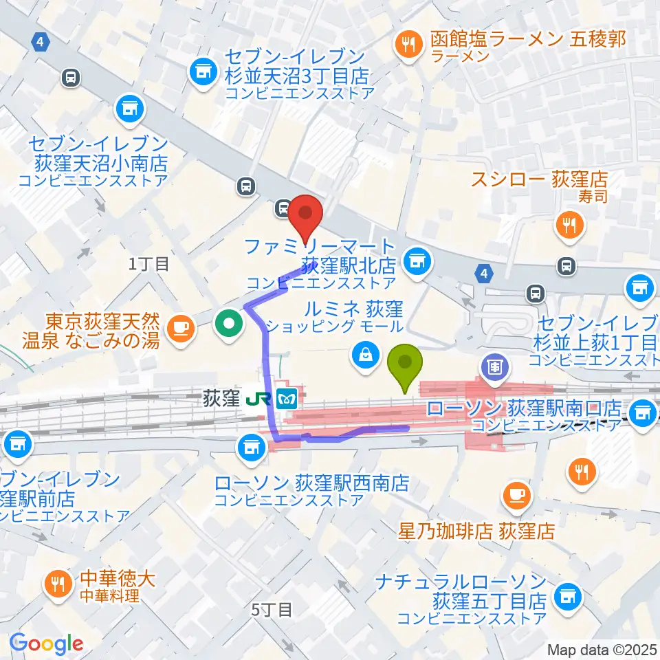 八重洲ピアノ社 荻窪本店センターの最寄駅荻窪駅からの徒歩ルート（約2分）地図