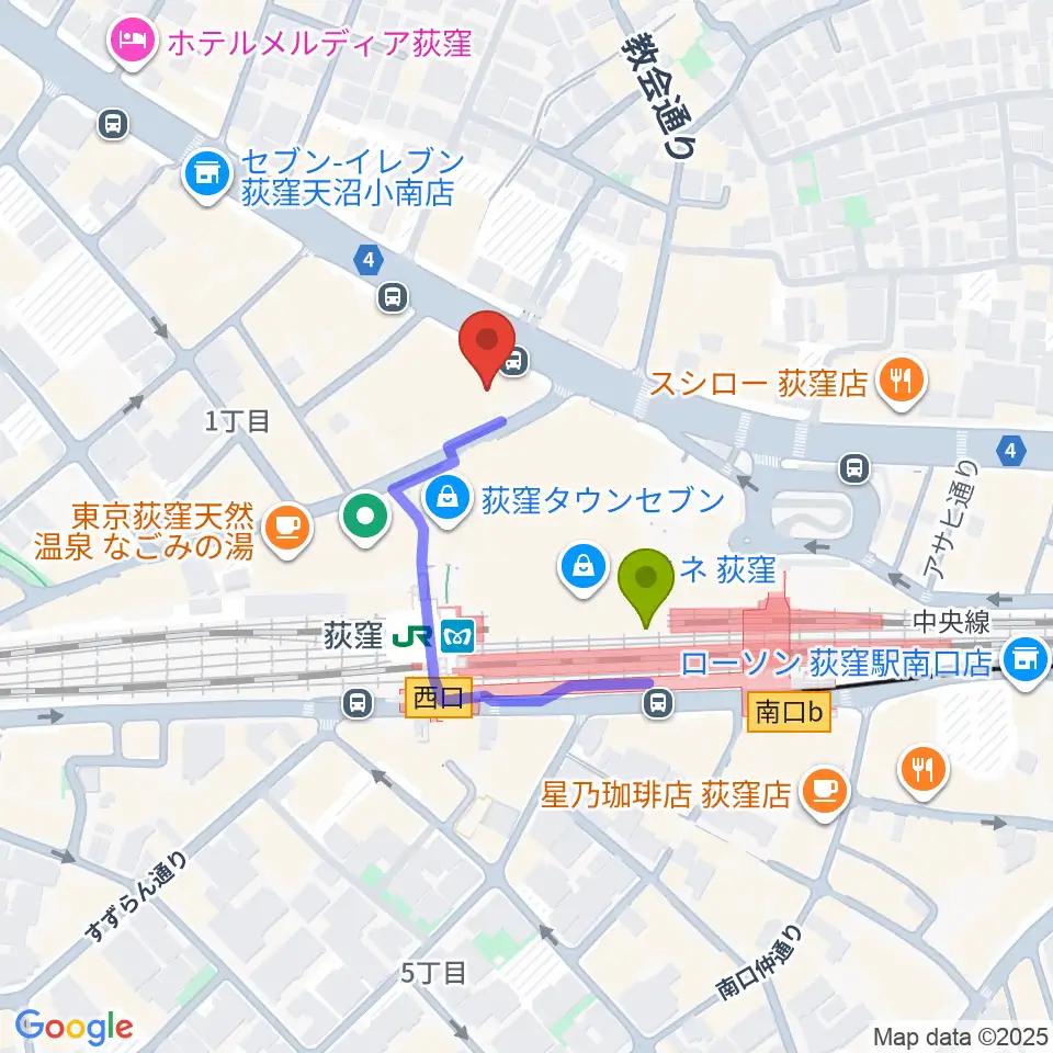 八重洲ピアノ社 荻窪本店センターの最寄駅荻窪駅からの徒歩ルート（約2分）地図