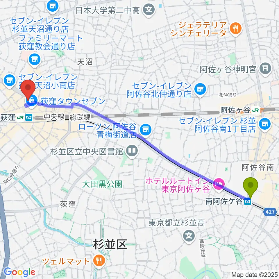 南阿佐ケ谷駅から八重洲ピアノ社 荻窪本店センターへのルートマップ地図