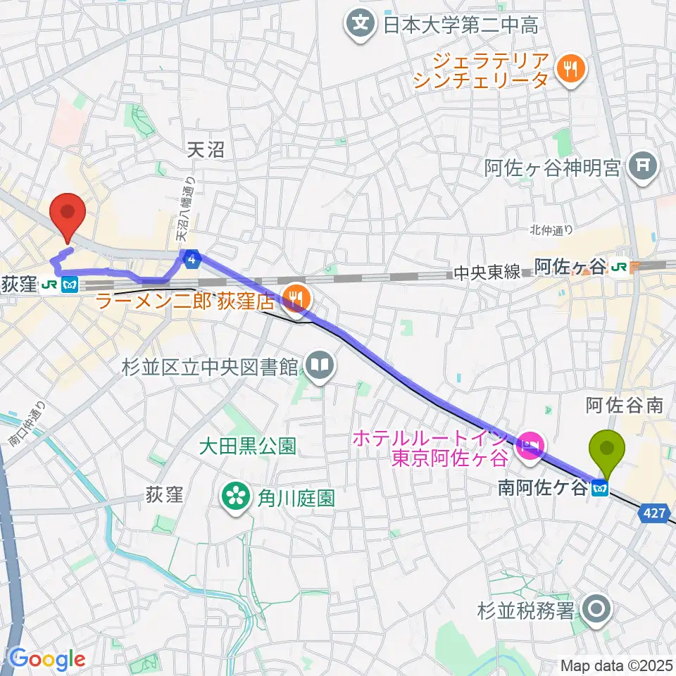南阿佐ケ谷駅から八重洲ピアノ社 荻窪本店センターへのルートマップ地図