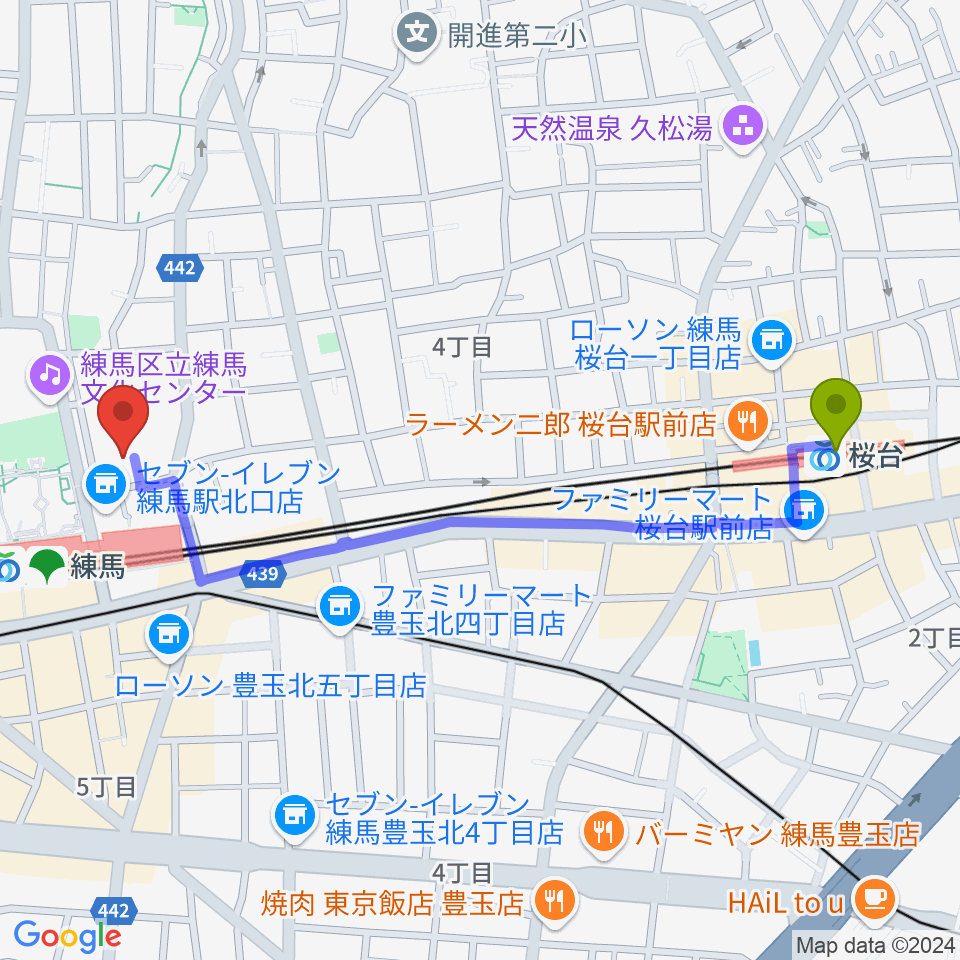 桜台駅から練馬ポコアポコ音楽教室へのルートマップ地図