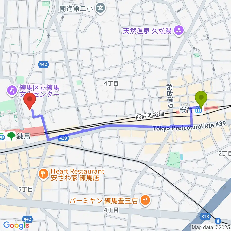 桜台駅から練馬ポコアポコ音楽教室へのルートマップ地図