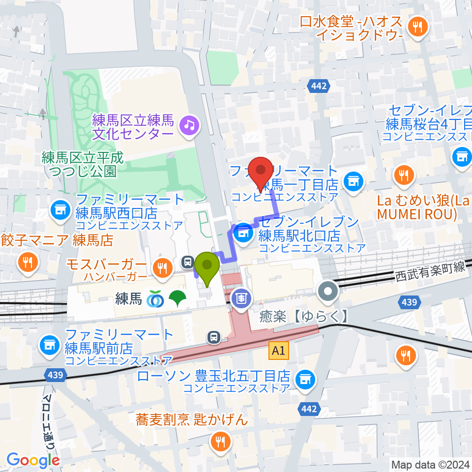 練馬ポコアポコ音楽教室の最寄駅練馬駅からの徒歩ルート（約2分）地図