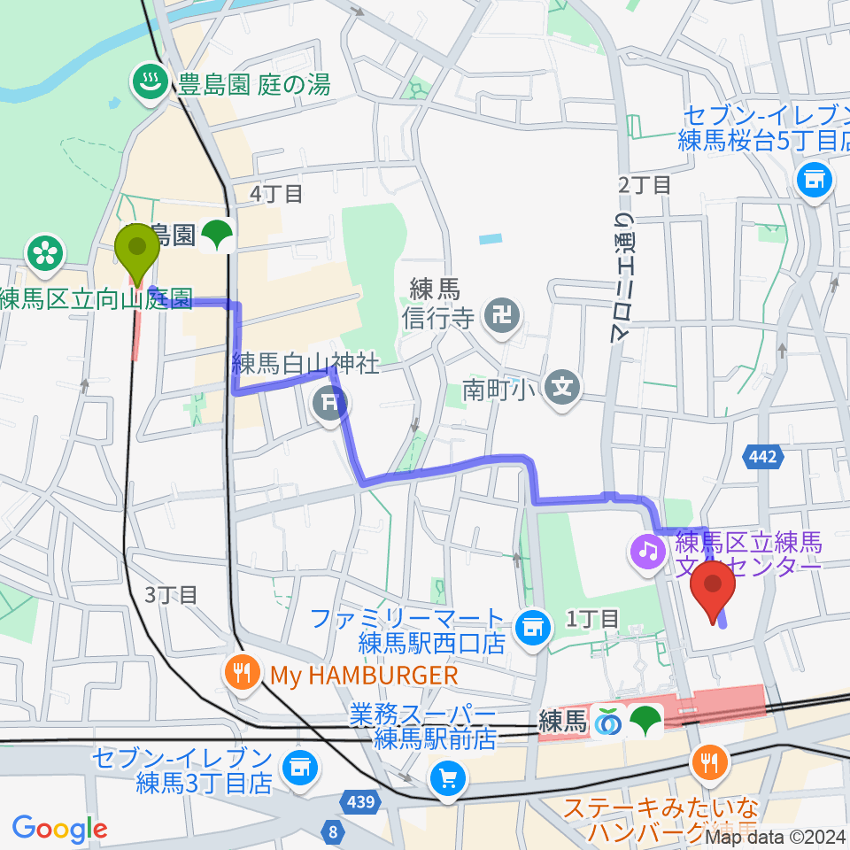 豊島園駅から練馬ポコアポコ音楽教室へのルートマップ地図