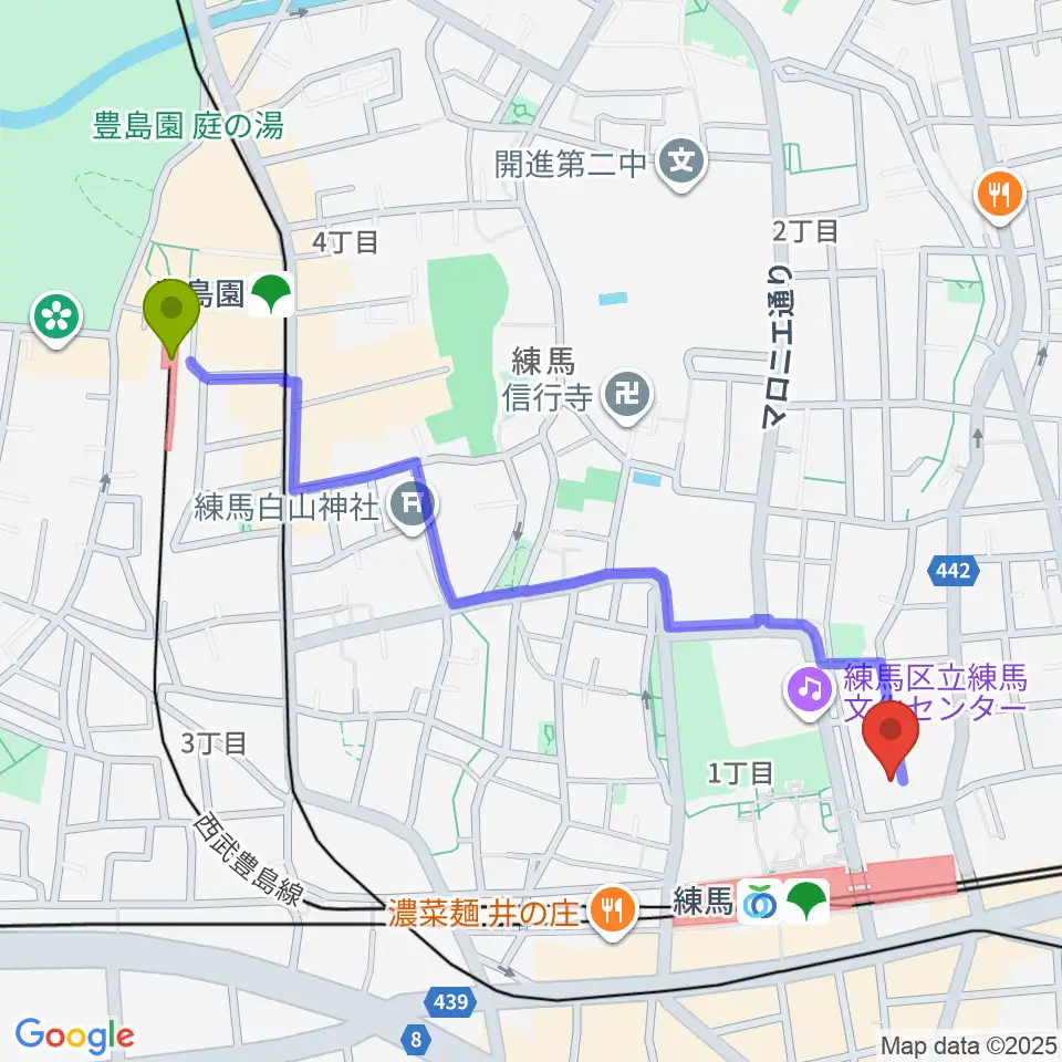 豊島園駅から練馬ポコアポコ音楽教室へのルートマップ地図