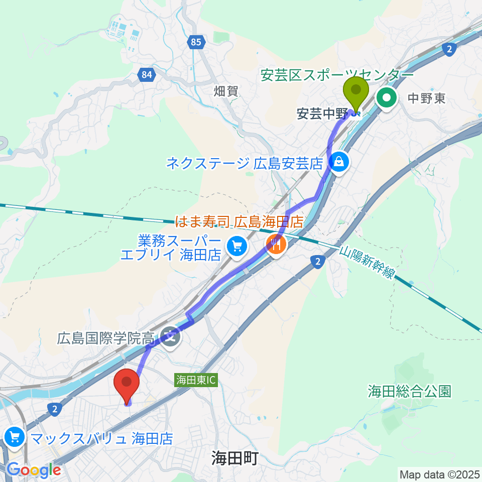 安芸中野駅からアトリエBへのルートマップ地図