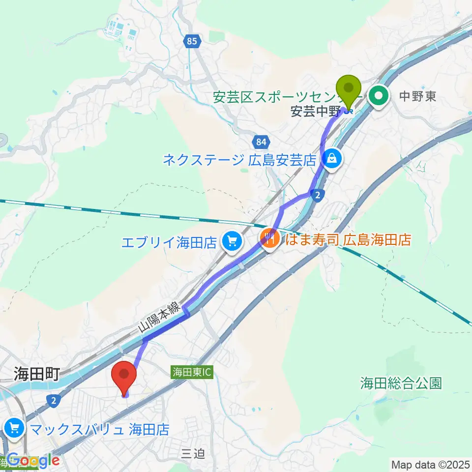 安芸中野駅からアトリエBへのルートマップ地図